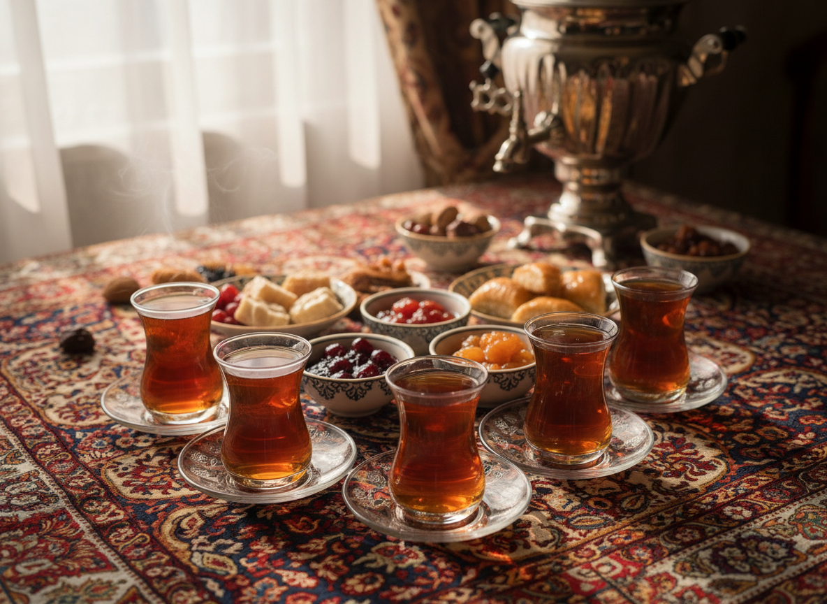 AI illustration of Azerbaijani tea glasses with preserves and sweets