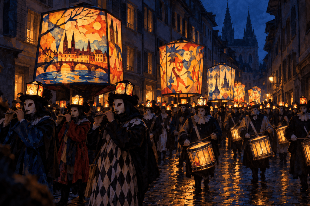 Painterly AI illustration of glowing lanterns and masked musicians in a dark street, inspired by Basel Fasnacht.
