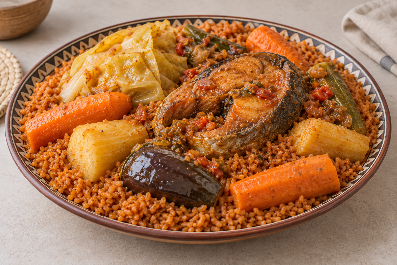 AI illustration of reddish rice topped with fish, cabbage, carrot, eggplant and cassava pieces.