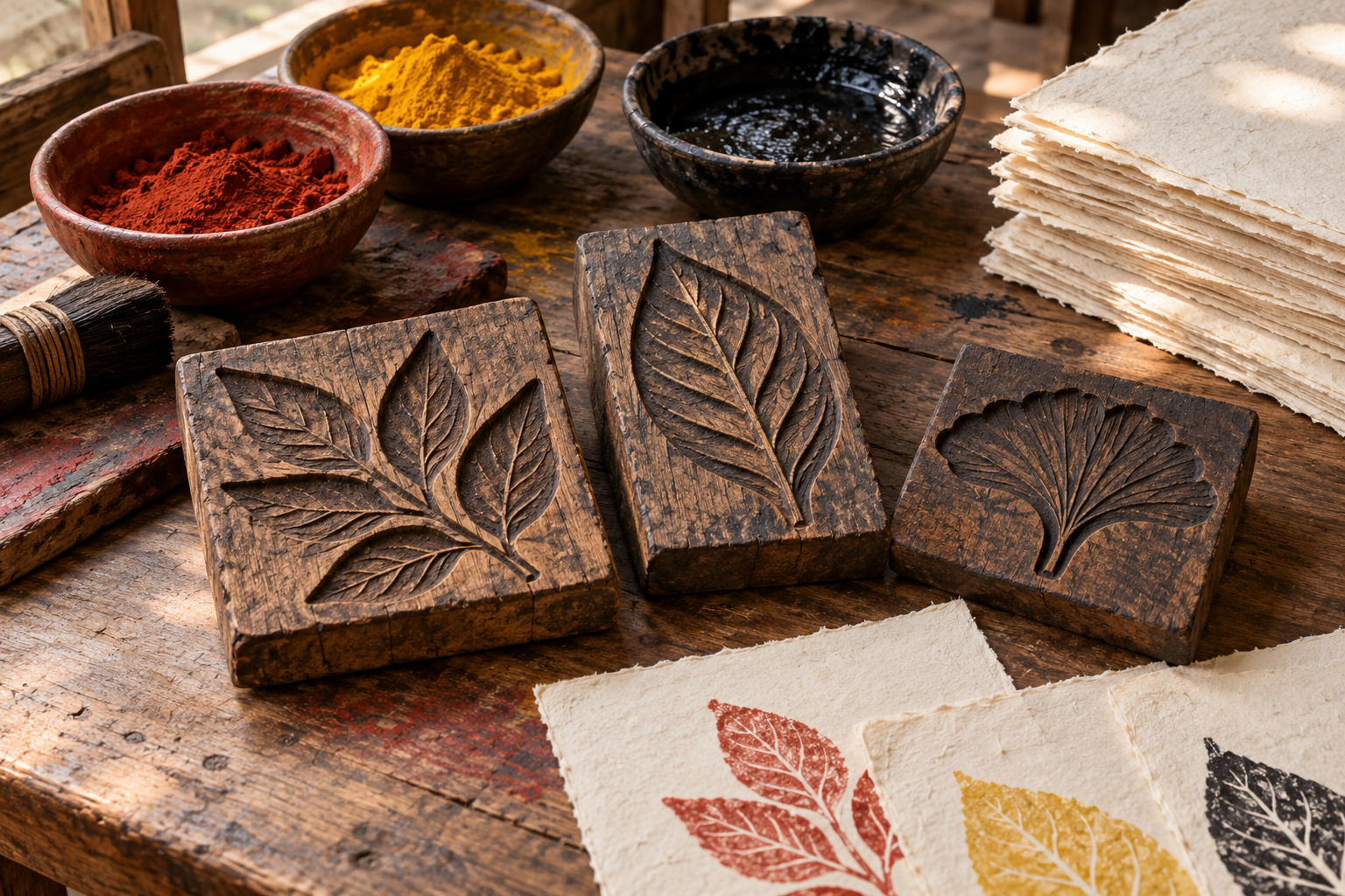 AI conceptual illustration of leaf-shaped woodblocks, pigment bowls and handmade paper on a workbench.