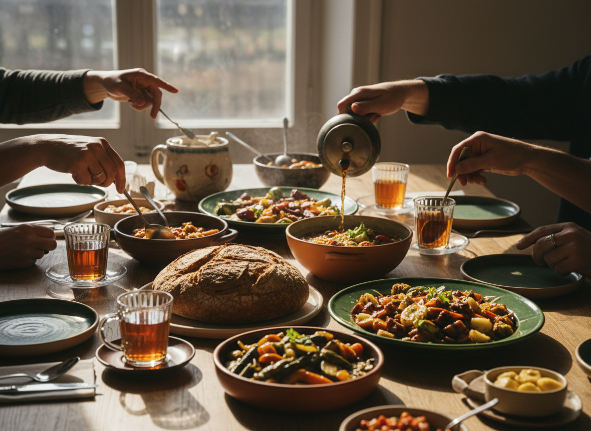 A welcoming table with tea and bread