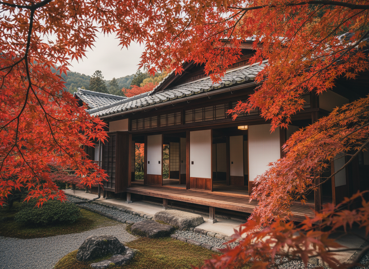 Illustrative autumn scene with red maple leaves and a traditional Japanese house