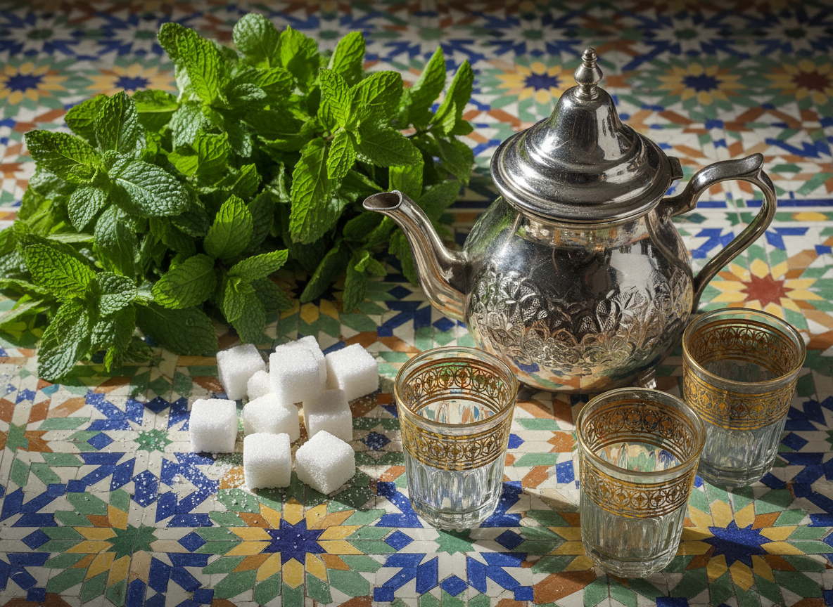 Mint, tea glasses and a traditional teapot arranged on Moroccan tiles