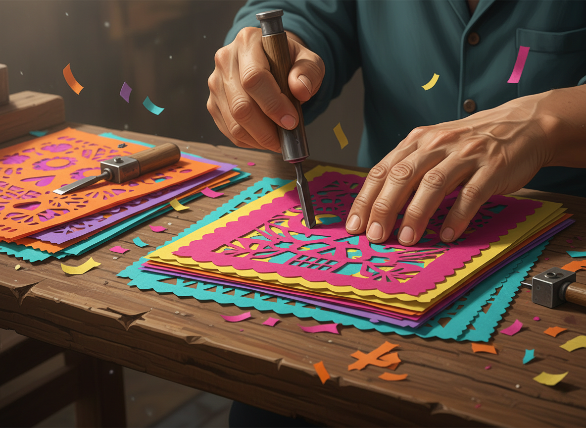 Artisan hands cutting intricate patterns into stacked colored tissue paper