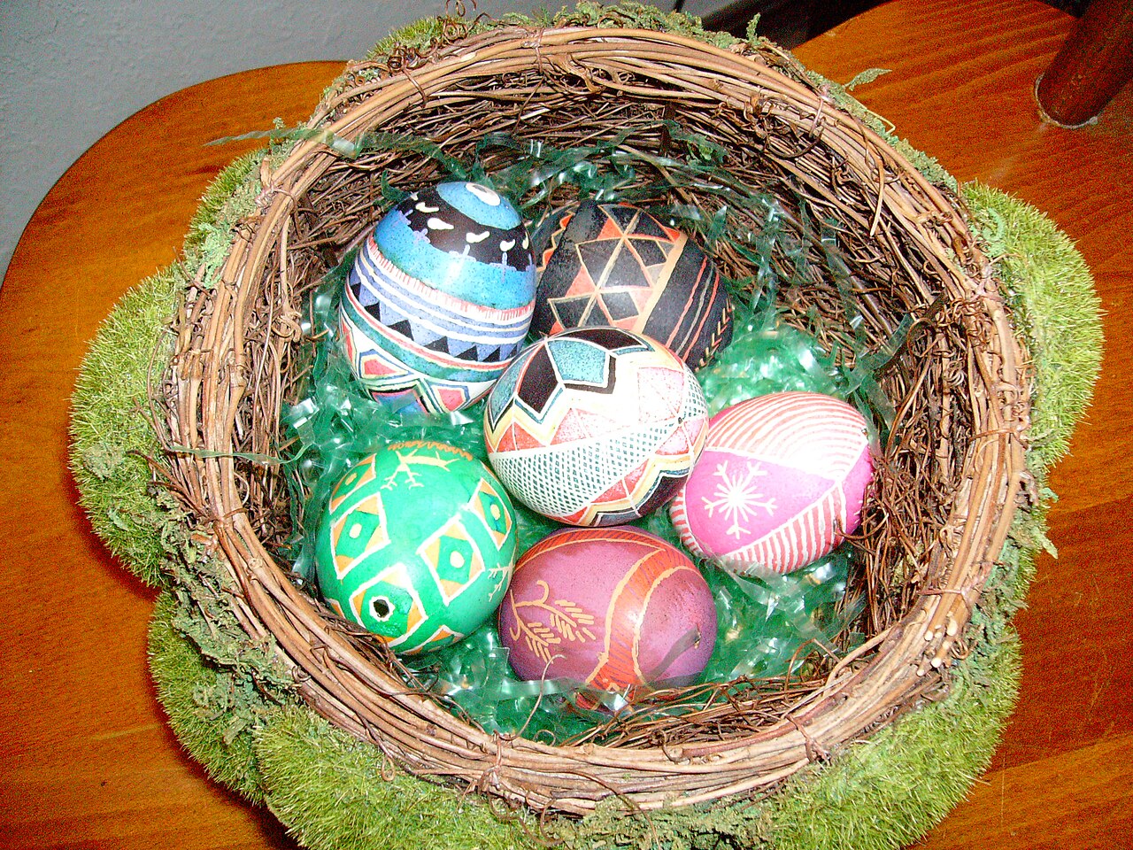 Six decorated eggs with geometric and floral patterns arranged in a basket.